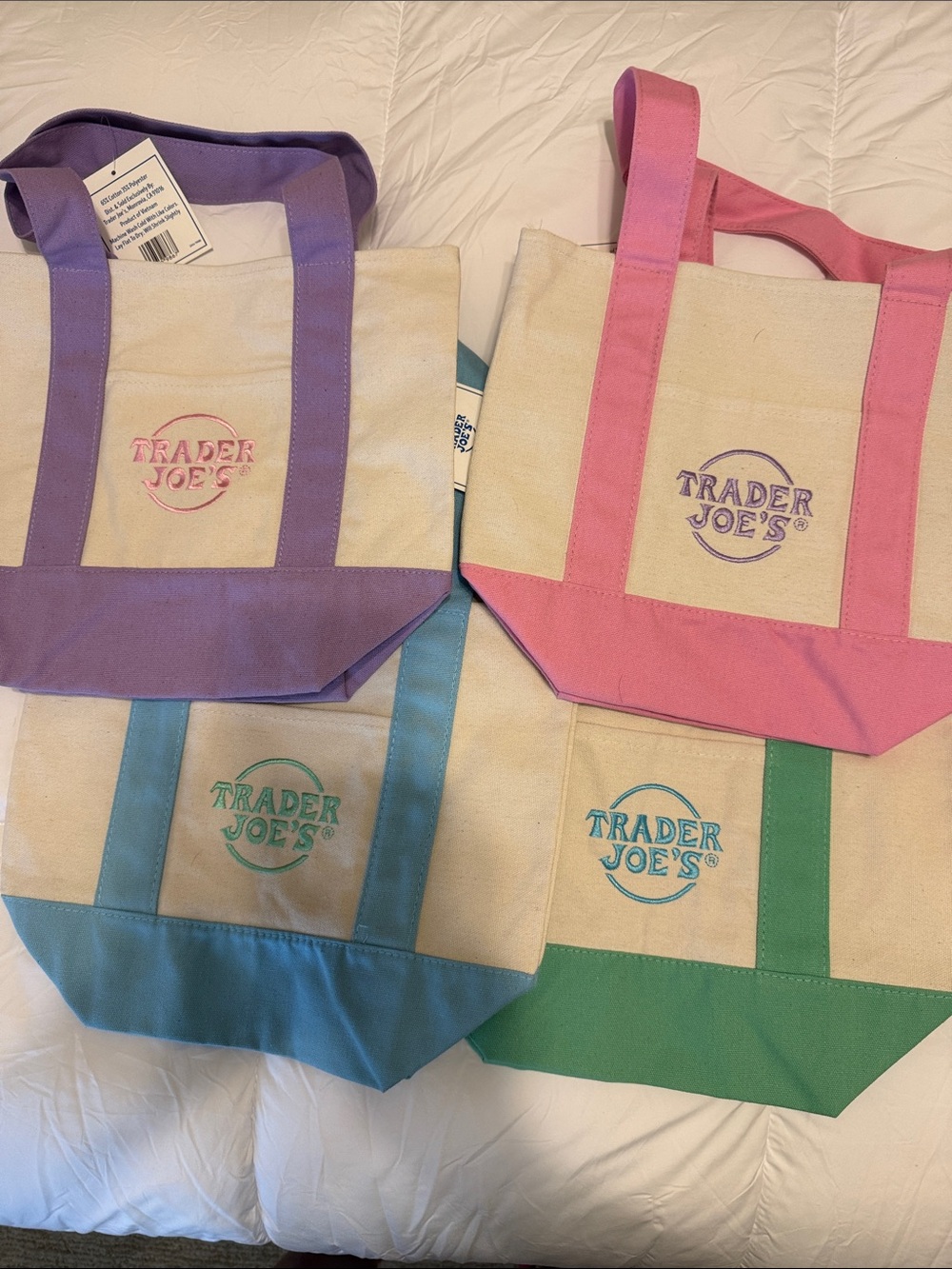 Trader Joe's Canvas Tote Bags — Pink, Purple, Blue, Green Accent